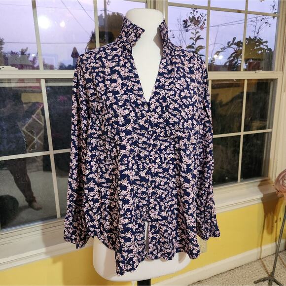 Velvet Heart $85 XL Navy Blue Pink Floral Rayon Collared Boho Cottage Blouse - Picture 1 of 12